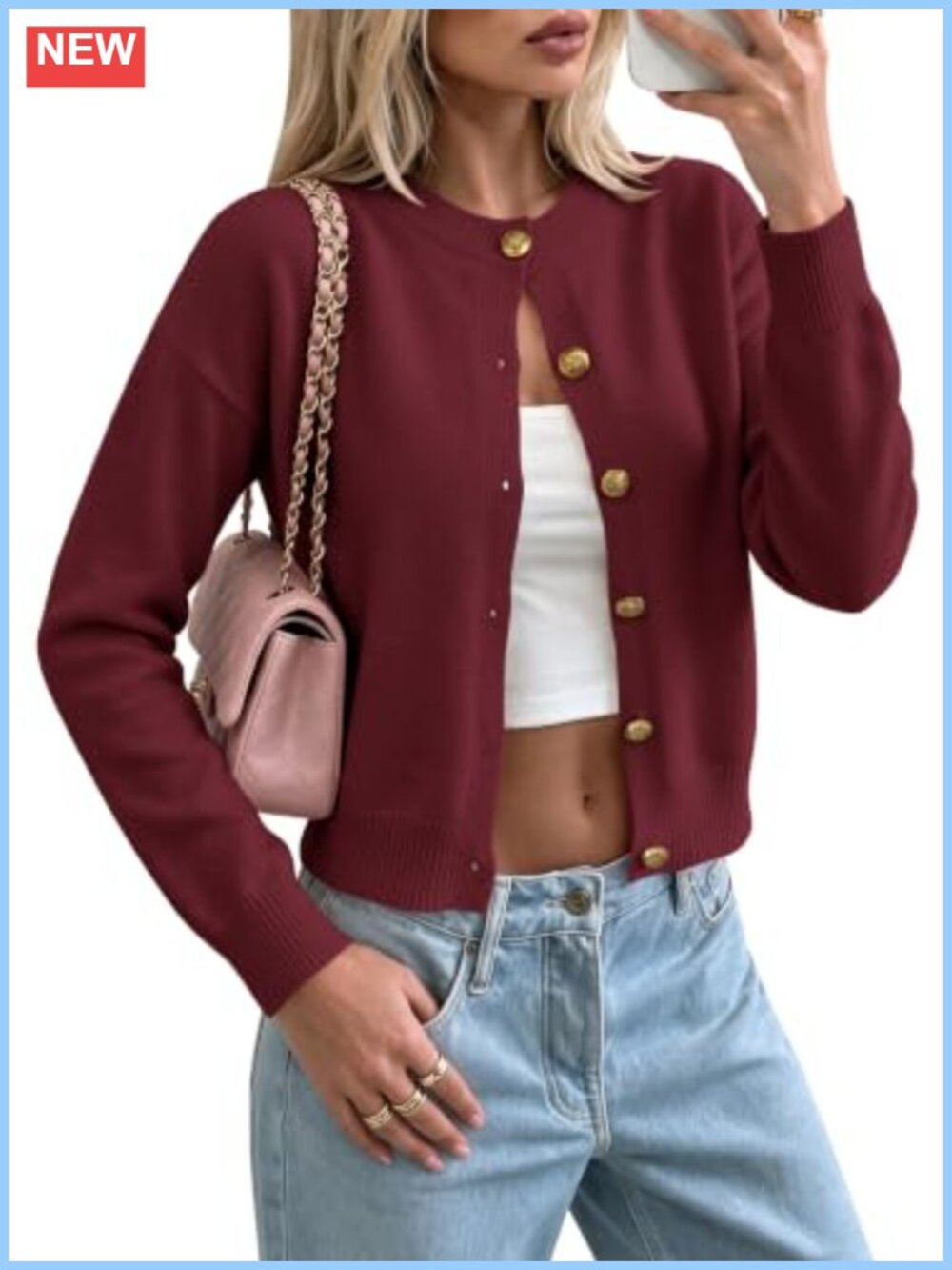 Wool Blend Cropped Cardigan Gold Button Crew Neck Knit Sweater